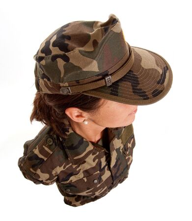 Aerial view of a females soldier against a white backgroundの写真素材
