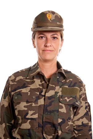 Smiling female soldier portrait isolated on whiteの写真素材