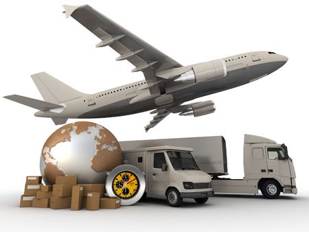 
3D rendering of  a world map, packages, a chronometer vans, trucks, and an airplane
の写真素材