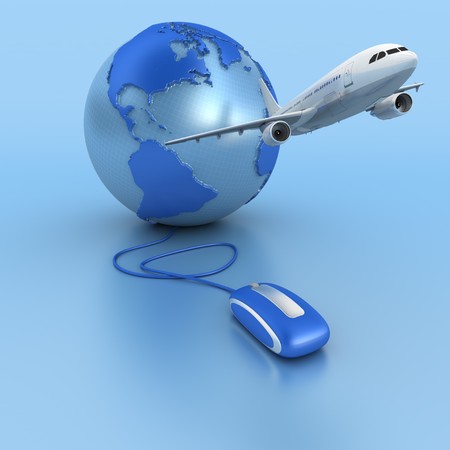 
3D rendering of a world map connected to a computer mouse and a plane taking off
の写真素材