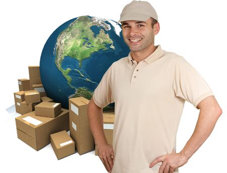 
Uniformed man smiling with a world map and cardboard boxes as a background
の写真素材