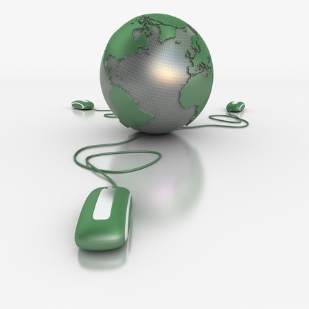 
3D rendering of a world map connected to three computer mice
の写真素材