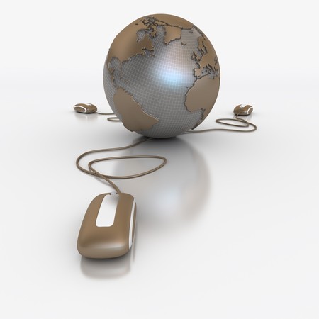 
3D rendering of a world map connected to three computer mice
の写真素材