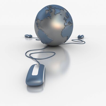 
3D rendering of a world map connected to three computer mice
の写真素材