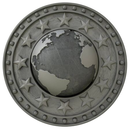 3D rendering of an insignia with the world surrounded by a metallic shield with starsの写真素材