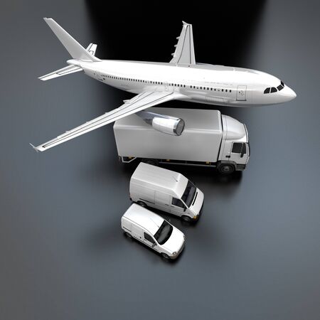 
3D rendering of showing an aerial view of an airplane, a truck, a van and a lorry against a gray background
の写真素材
