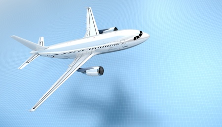 
3D rendering of an airplane flying against a blue grid background
