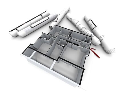 
Architectural model of a designer’s house with rolled-up blueprints
