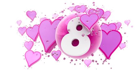 

Background in pink colors with hearts and spheres and the number eight

