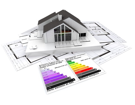 
3D rendering of a house, on top of blueprints, with and energy efficiency rating chart
の写真素材