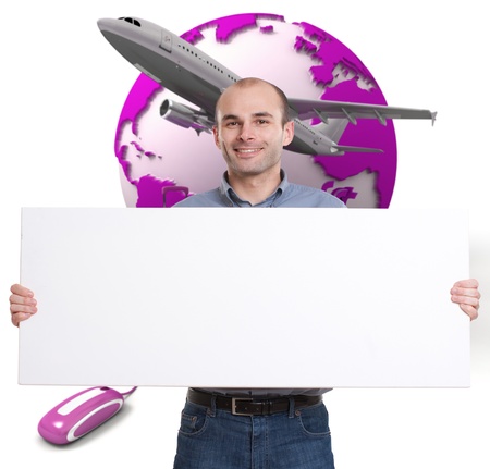 

A man holding a blank message board with the Earth, a computer mouse and an airplane on the background

の写真素材