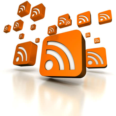 
Multiple orange RSS computer icons floating in a white background
の写真素材