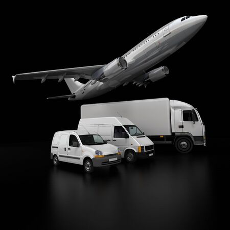 
3D rendering of an airplane, a truck, a van and a lorry against a black background
の写真素材