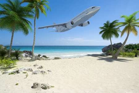 
An airplane flying over an exotic tropical beach
の写真素材