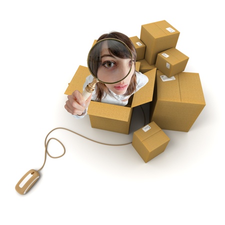 

Young woman with magnifying glass and cardboard boxes connected to a computer mouse

の写真素材