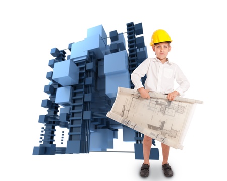 
Young boy in school uniform wearing a yellow safety helmet and holding blueprints with an abstract structure in the background
の写真素材