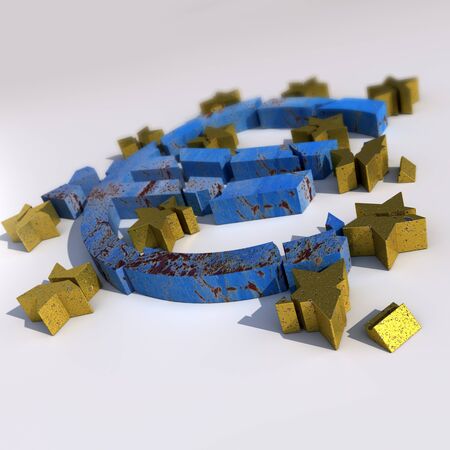
3D rendering of a blue marble euro symbol with golden stars lying broken against a white background
の写真素材