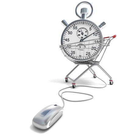 
3D rendering of a shopping cart with a stopwatch inside connected to a computer mouse
の写真素材