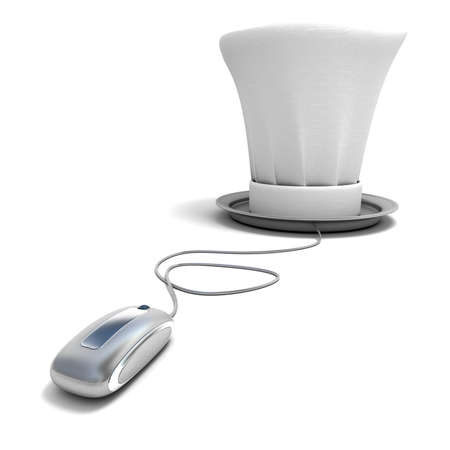 
3D rendering of a chefs hat on a platter connected to a computer mouse
の写真素材
