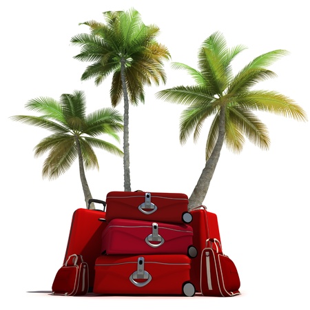 Island like composition showing tropical vegetation and beautiful red  luggage の写真素材