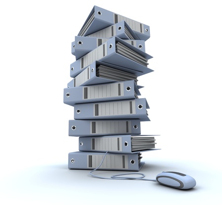 3D rendering of a pile of office ring binders connected to a computer mouseの写真素材