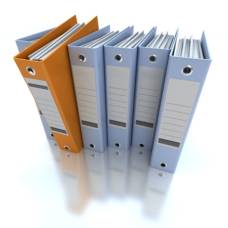 3D rendering of a line of office ring binders with one sticking outの写真素材