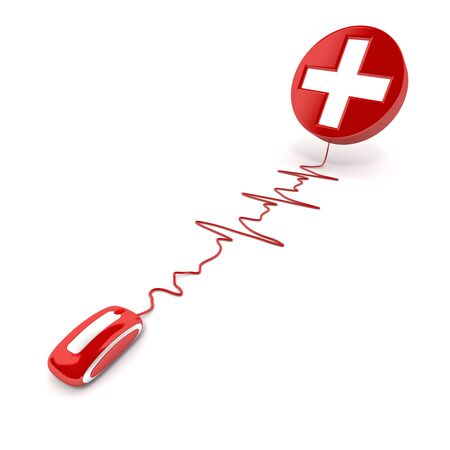 
3D rendering of a white cross on red connected to a computer mouse with the cable shaped like a heartbeat graphic
の写真素材