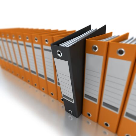 3D rendering of a line of office ring binders with one sticking outの写真素材