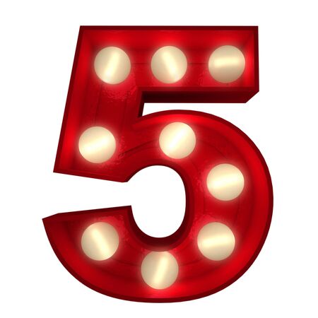 3D rendering of a glowing number 5 ideal for show business signs (part of a complete alphabet)の写真素材