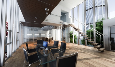 Realistic rendering of a modern luxurious office, with breathtaking viewの写真素材