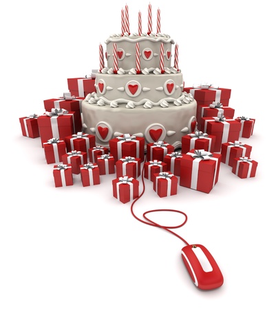 
3D rendering of a three tiered cake with candles surrounded by gift boxes connected to a computer mouse
の写真素材