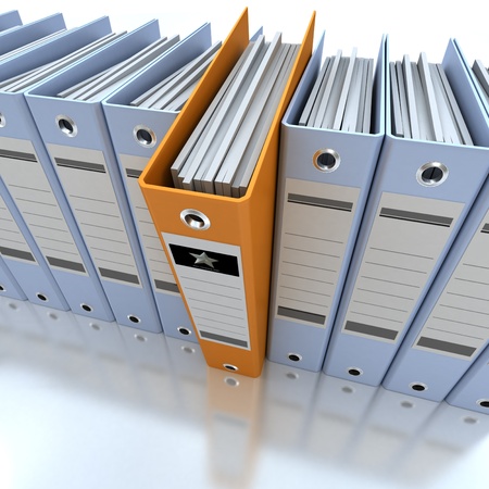 3D rendering of a line of office ring binders with one sticking outの写真素材