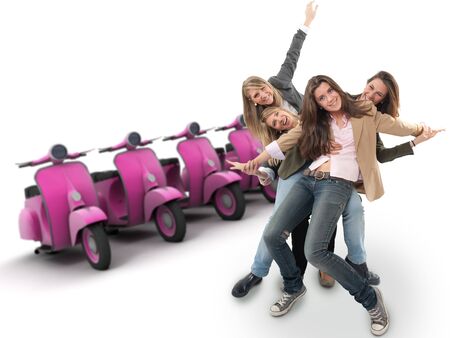 A group of happy girls and a line of scootersの写真素材