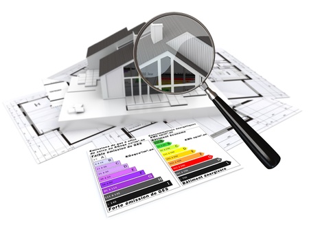 3D rendering of a house, on top of blueprints, with and energy efficiency rating chart and a magnifying glassの写真素材