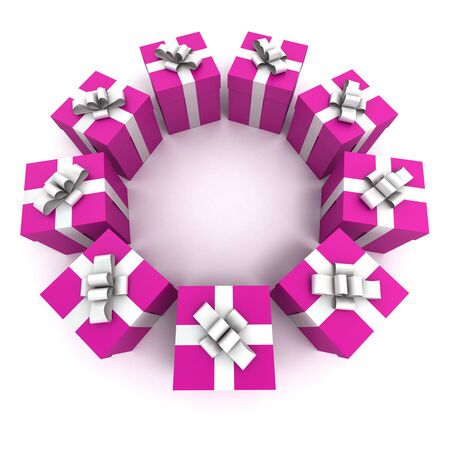 3D rendering of a circle of giftboxes in pink and whiteの写真素材