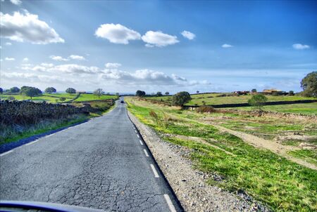 A road in Spain, surrounded by fields with olive treesの写真素材