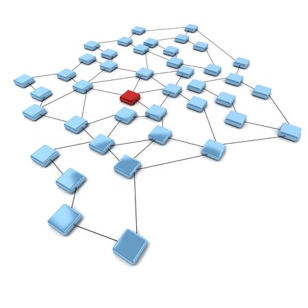 3D rendering of blue squares and a red one connected by black linesの写真素材