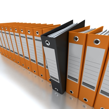 3D rendering of a line of office ring binders with one sticking outの写真素材