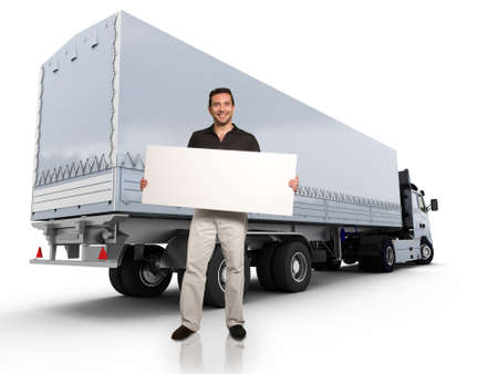 A man holding a blank message board with a big truck on the backgroundの写真素材