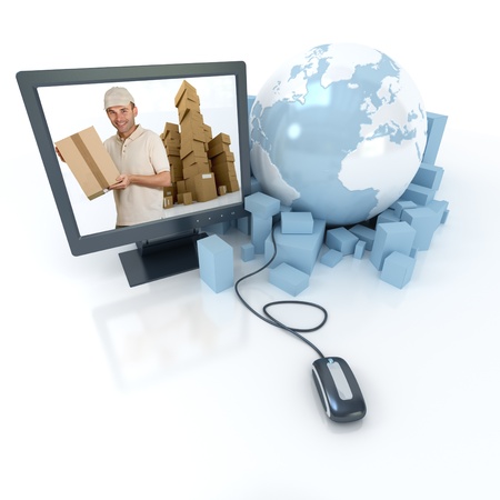 
3D rendering of the Earth surrounded by packages connected to a computer showing a messenger with packages
の写真素材