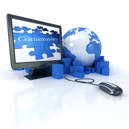 
3D rendering of the Earth surrounded by boxes connected to a computer showing a puzzle with the word community
の写真素材