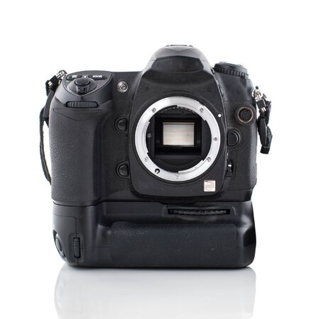 Back view of a camera isolated on white backgroundの写真素材