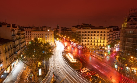 Aerial view of a night scene in Glorieta de Bilbao in Madrid, Spainのeditorial素材