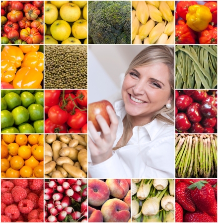A woman eating an apple surrounded by images of fruits and vegetablesの写真素材