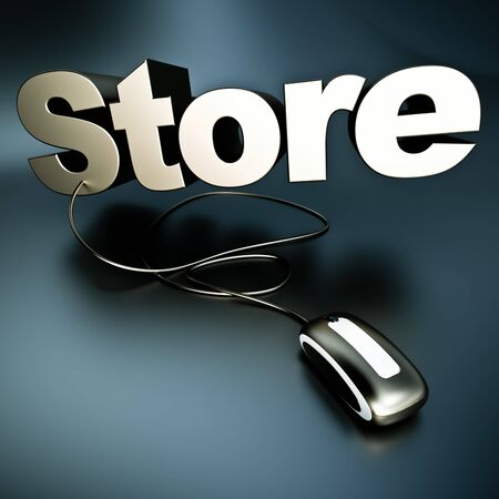 

3D illustration of the word store connected to a computer mouse in silver
の写真素材