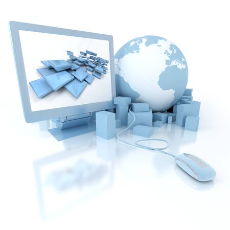 
3D rendering of a world map surrounded by packages connected to a computer mouse and a monitor all in blue shades
の写真素材