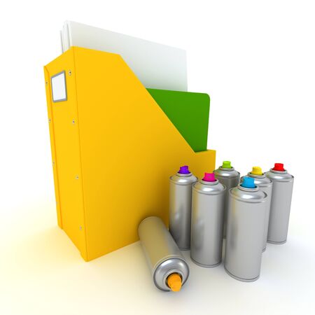 3D rendering of a yellow folder with documents inside and colorful spray cans 
の写真素材