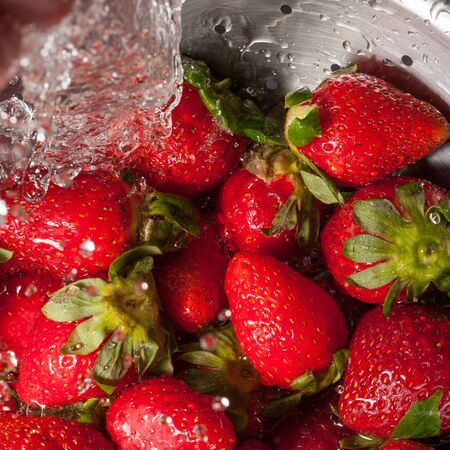 Macro shot on water falling on a group of strawberriesの写真素材