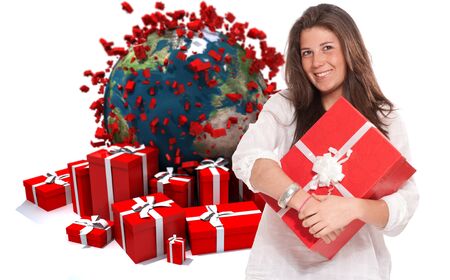
Young brunette holding a present against a background of gift boxes and the Earth
の写真素材