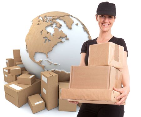 
Portrait of a delivery girl in black carrying a parcel with the world surrounded by packages in the background
の写真素材